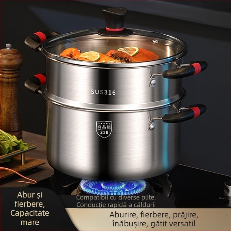 Oală de supă din oțel inoxidabil 316, turnare monobloc, cu aburitor încorporat, design compact cu două niveluri, compatibilă cu plita pe gaz și inducție