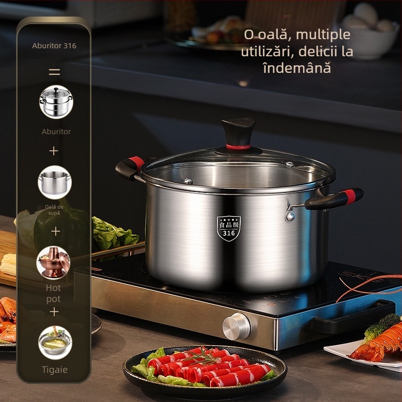 Oală de supă din oțel inoxidabil 316, turnare monobloc, cu aburitor încorporat, design compact cu două niveluri, compatibilă cu plita pe gaz și inducție