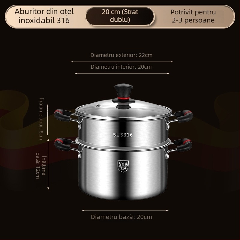 Oală de supă din oțel inoxidabil 316, turnare monobloc, cu aburitor încorporat, design compact cu două niveluri, compatibilă cu plita pe gaz și inducție