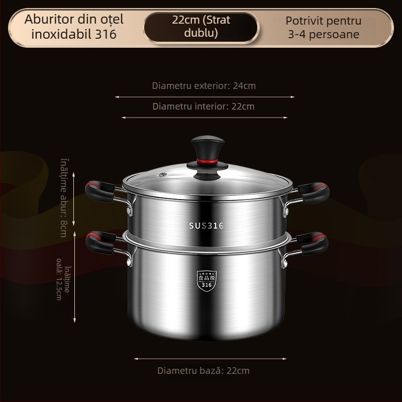 Oală de supă din oțel inoxidabil 316, turnare monobloc, cu aburitor încorporat, design compact cu două niveluri, compatibilă cu plita pe gaz și inducție
