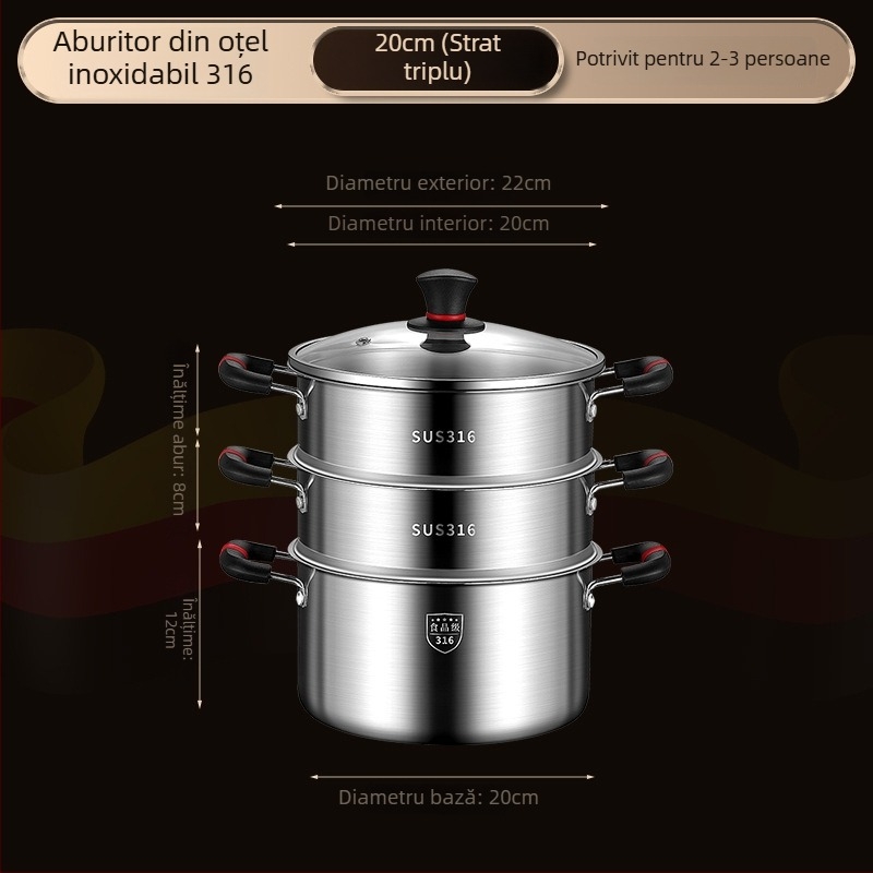 Oală de supă din oțel inoxidabil 316, turnare monobloc, cu aburitor încorporat, design compact cu două niveluri, compatibilă cu plita pe gaz și inducție