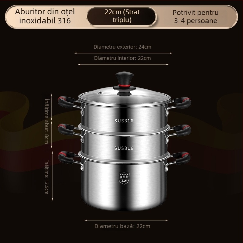 Oală de supă din oțel inoxidabil 316, turnare monobloc, cu aburitor încorporat, design compact cu două niveluri, compatibilă cu plita pe gaz și inducție