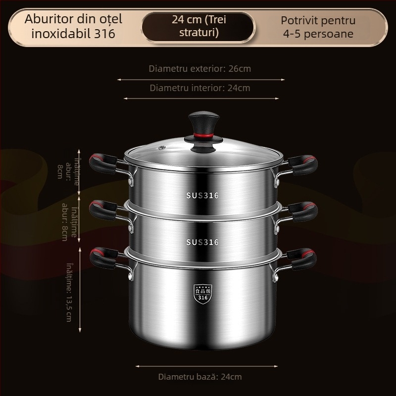 Oală de supă din oțel inoxidabil 316, turnare monobloc, cu aburitor încorporat, design compact cu două niveluri, compatibilă cu plita pe gaz și inducție