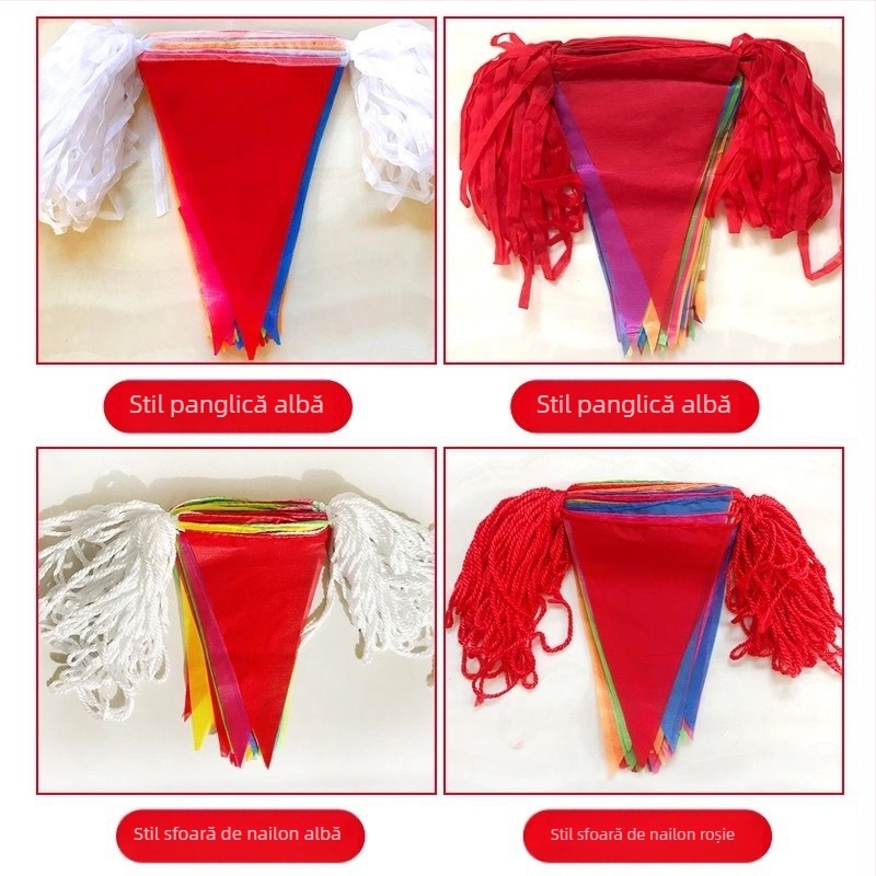 Ghirlandă mică de steaguri colorate din poliester – pentru nunți, inaugurări și decorarea șantierelor, steaguri triunghiulare de avertizare
