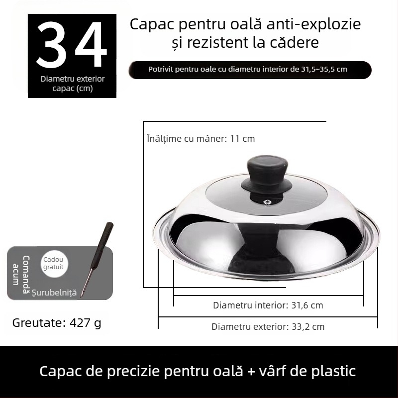 Cap de oală din oțel inoxidabil, transparent, cu capac rotund din sticlă pentru aburi și mâner