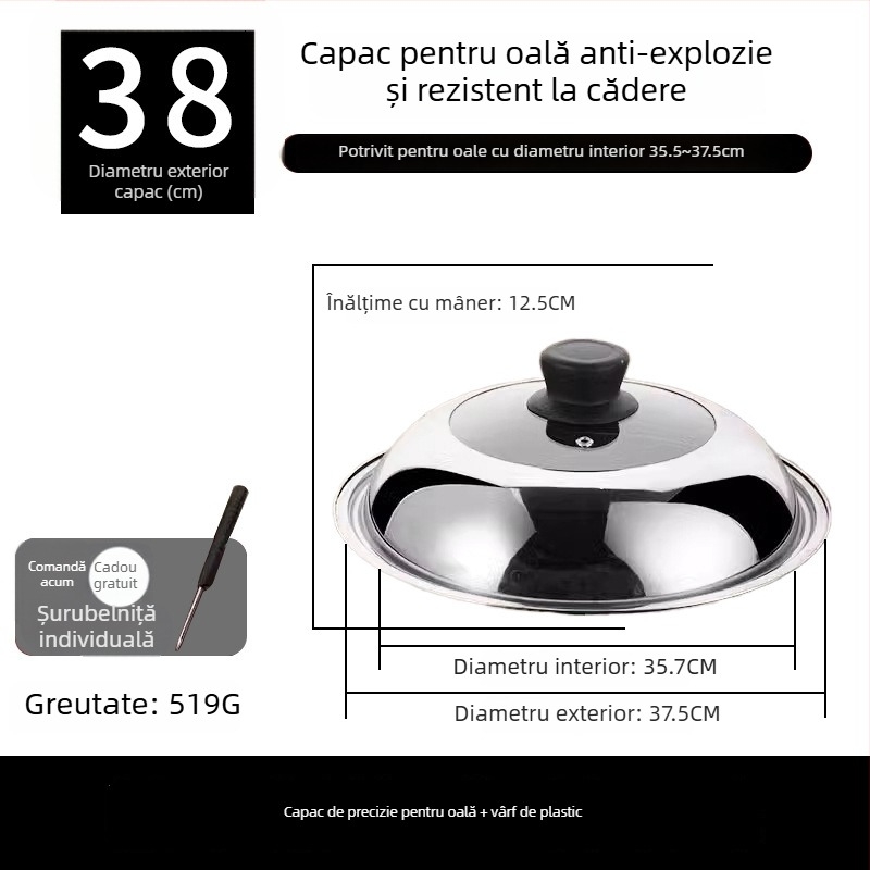 Cap de oală din oțel inoxidabil, transparent, cu capac rotund din sticlă pentru aburi și mâner