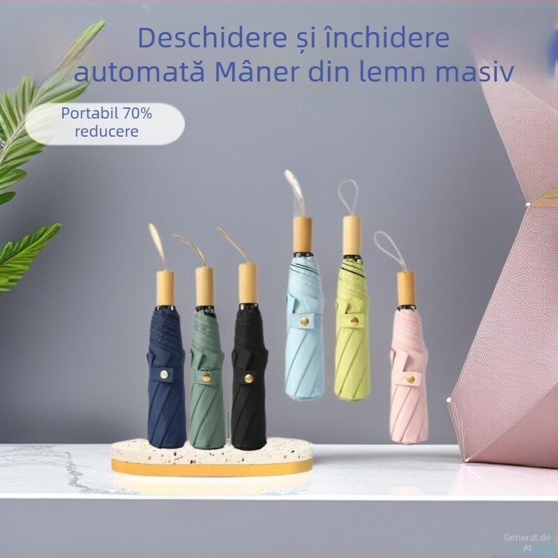 Umbrelă pliabilă cu mâner din lemn și protecție UV, umbrelă pentru soare și ploaie