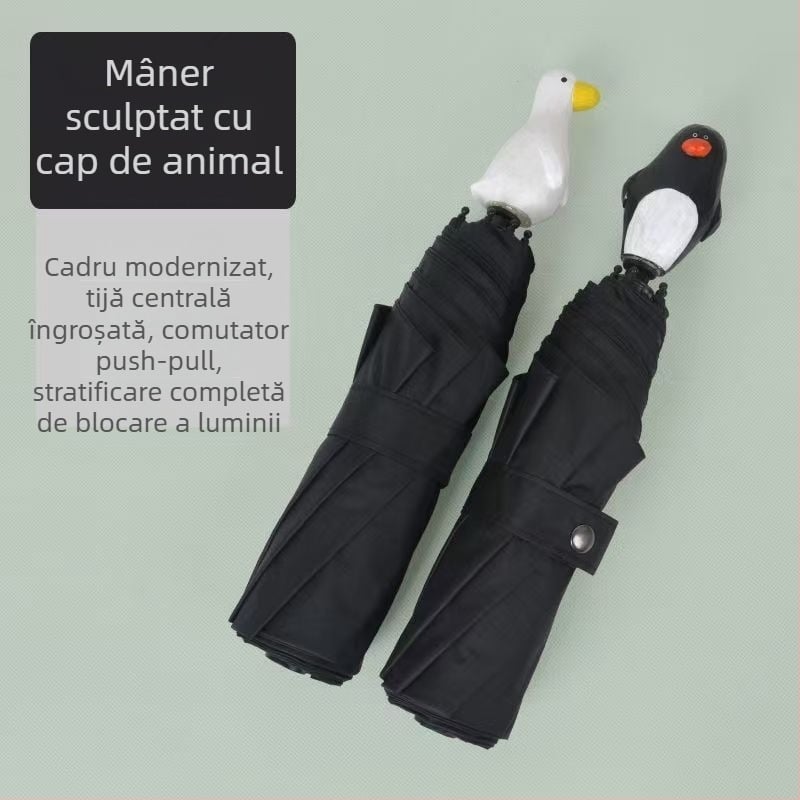 Umbrelă pliabilă cu design 3D inspirat de animale drăguțe, protecție UV, întuneric total și impermeabilă, mâner din lemn gravat
