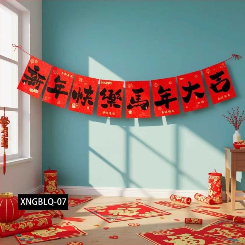 Flaguri decorative din material textil impermeabil pentru Anul Calului 2026 – stegulețe suspendate pentru decorarea Anului Nou și a Festivalului de Primăvară