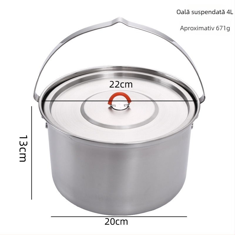 Set de vase pentru camping din oțel inoxidabil 304: ceainic, tigaie, oală pentru tocană, oală pliabilă, lingură și spatulă