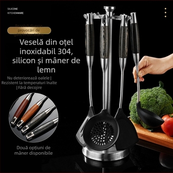 Set spatule din silicon cu oțel inoxidabil 304, ustensile de bucătărie rezistente la temperaturi înalte, antiaderente, cu mâner din lemn