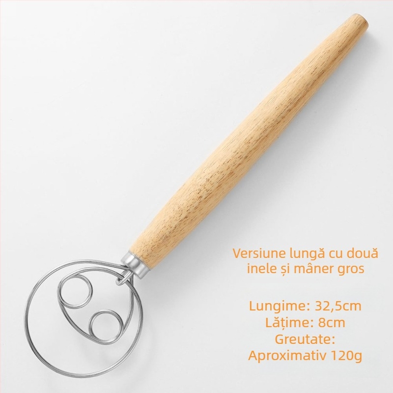 Set de unelte pentru patiserie din oțel inoxidabil: tel pentru ouă, rulou pentru aluat, mixer de aluat și sită de făină cu mâner din lemn