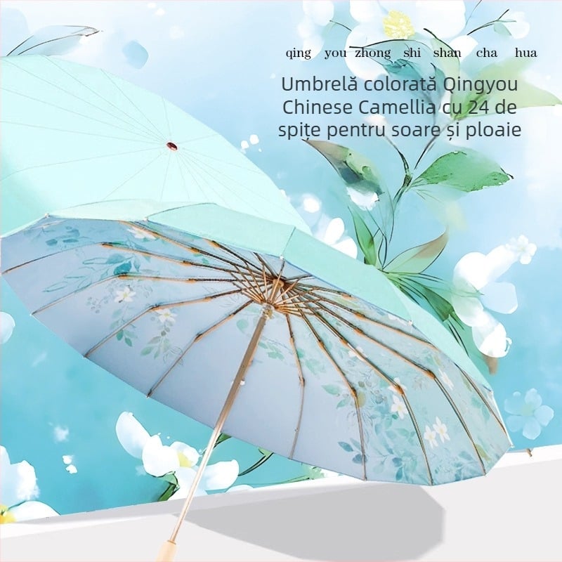 Umbrelă pliabilă cu trei secțiuni, 12 spițe, ramă aurie, imprimare digitală, serie stil chinezesc, deschidere și închidere manuală