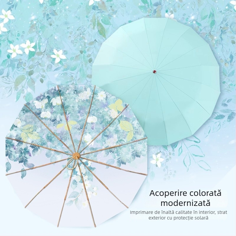 Umbrelă pliabilă cu trei secțiuni, 12 spițe, ramă aurie, imprimare digitală, serie stil chinezesc, deschidere și închidere manuală