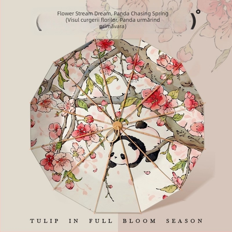 Umbrelă pliabilă cu trei secțiuni, 12 spițe, ramă aurie, imprimare digitală, serie stil chinezesc, deschidere și închidere manuală
