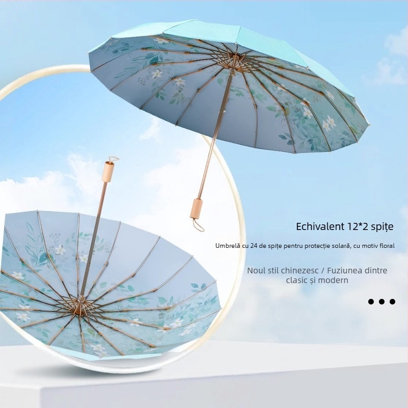 Umbrelă pliabilă cu trei secțiuni, 12 spițe, ramă aurie, imprimare digitală, serie stil chinezesc, deschidere și închidere manuală