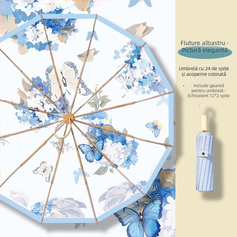 Umbrelă pliabilă cu trei secțiuni, 12 spițe, ramă aurie, imprimare digitală, serie stil chinezesc, deschidere și închidere manuală