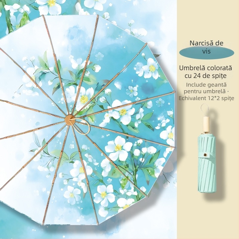 Umbrelă pliabilă cu trei secțiuni, 12 spițe, ramă aurie, imprimare digitală, serie stil chinezesc, deschidere și închidere manuală