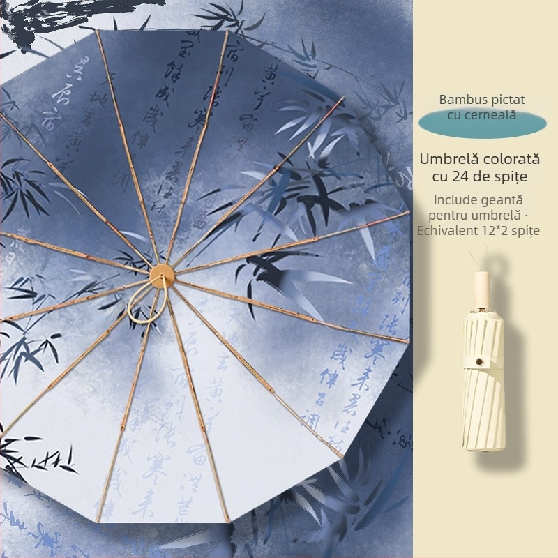 Umbrelă pliabilă cu trei secțiuni, 12 spițe, ramă aurie, imprimare digitală, serie stil chinezesc, deschidere și închidere manuală
