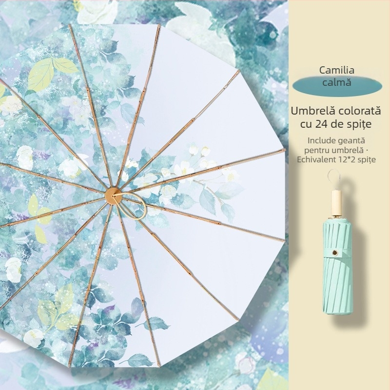 Umbrelă pliabilă cu trei secțiuni, 12 spițe, ramă aurie, imprimare digitală, serie stil chinezesc, deschidere și închidere manuală