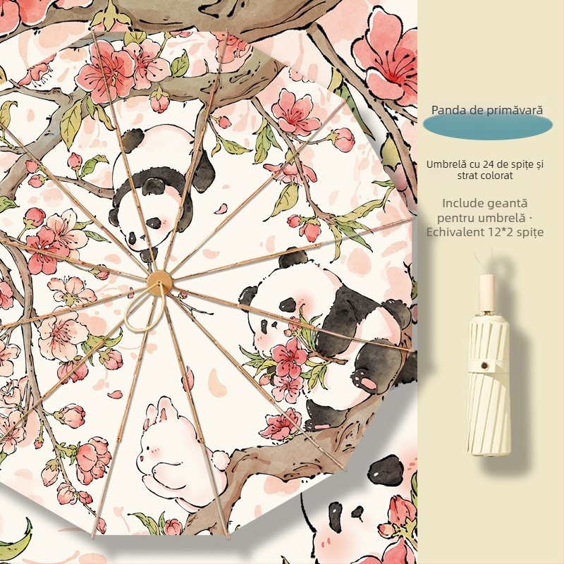 Umbrelă pliabilă cu trei secțiuni, 12 spițe, ramă aurie, imprimare digitală, serie stil chinezesc, deschidere și închidere manuală