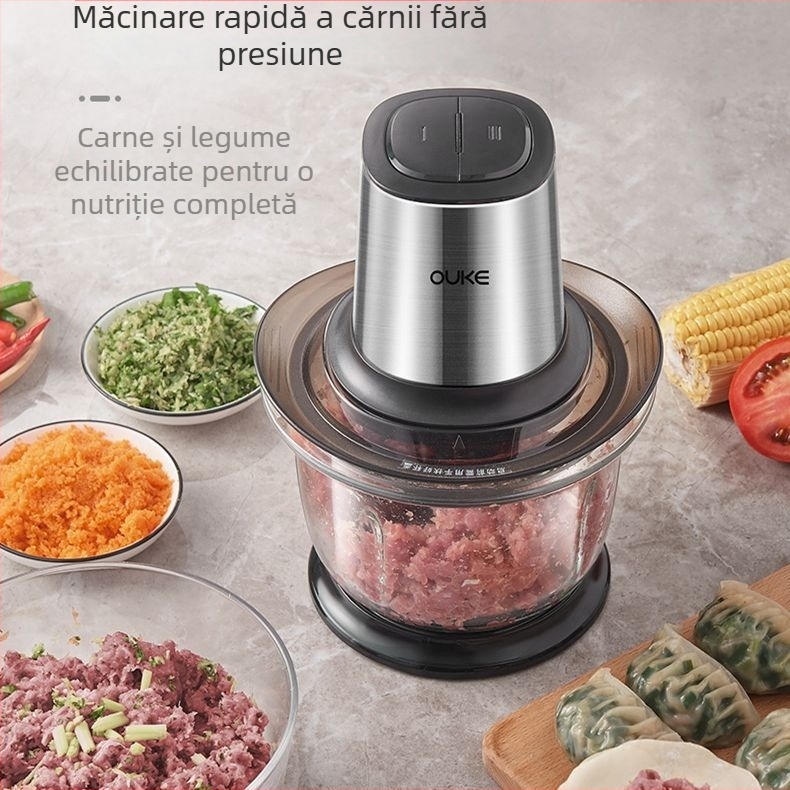 Măcinător automat de carne pentru uz casnic, recipient din sticlă 1,5 L, carne tocată, umplutură pentru colțunași și sos de ardei iute