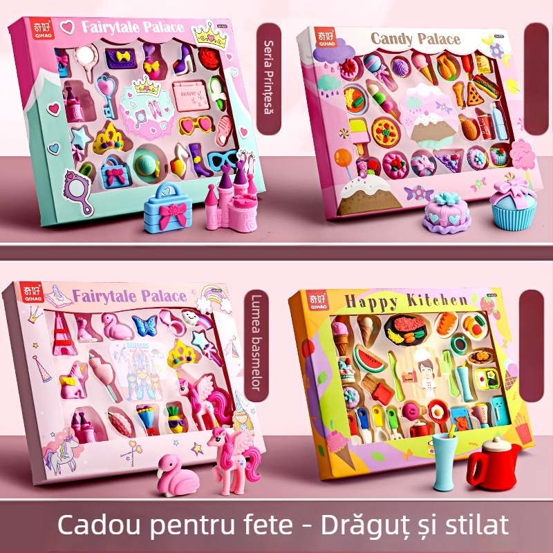 Qihao 8220 Set de radere pentru copii, cu personaje de desene animate – Prințesa și Dinozaur, cutie cadou jucărie