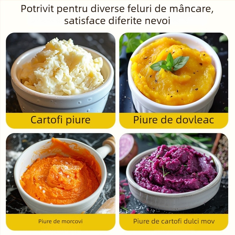 Mașină de piure din oțel inoxidabil pentru hrana bebelușilor, piure de cartof mov și yam, cu lingură strecurătoare