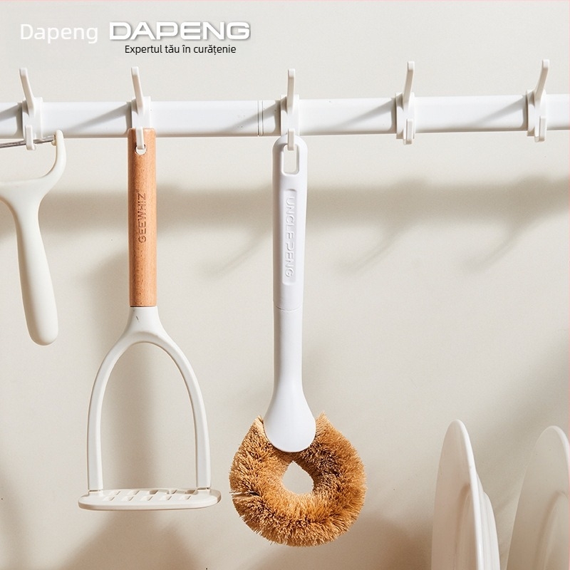 Perie pentru vase cu mâner lung, peri naturali moi, cap din fibre de sisal și palmier de cocos, mâner din lemn