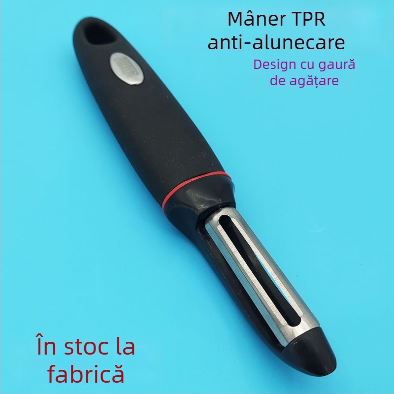 Curățător de fructe și legume 3 în 1 cu mâner drept, lamă din oțel inoxidabil și mâner PP din plastic
