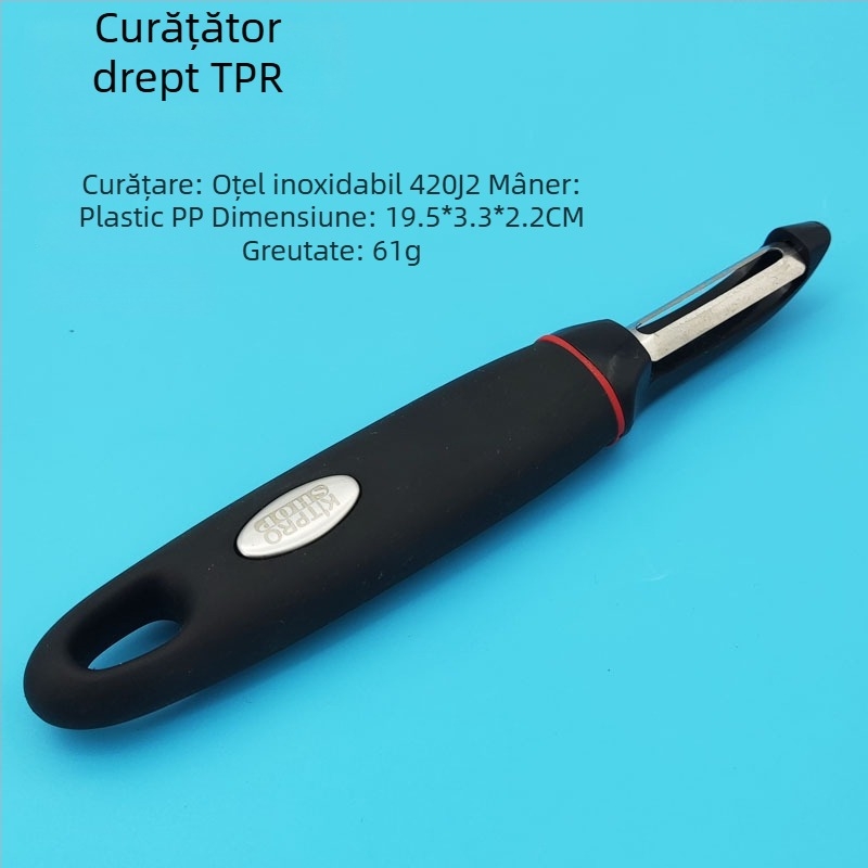Curățător de fructe și legume 3 în 1 cu mâner drept, lamă din oțel inoxidabil și mâner PP din plastic