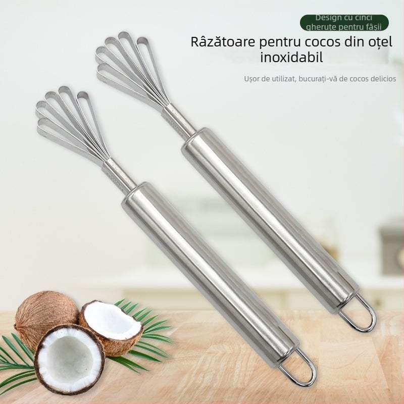 Unelte de bucătărie din oțel inoxidabil: răzuitor pentru carne de cocos, îndepărtător de sâmburi de fructe, racletă pentru solzi de pește și linguriță pentru fructe