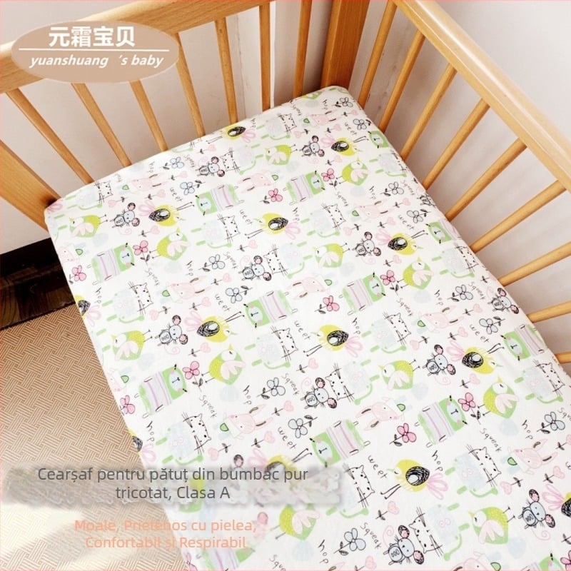 Foaie de pătuț tricotată din bumbac 100% cu elastic, model floral patchwork
