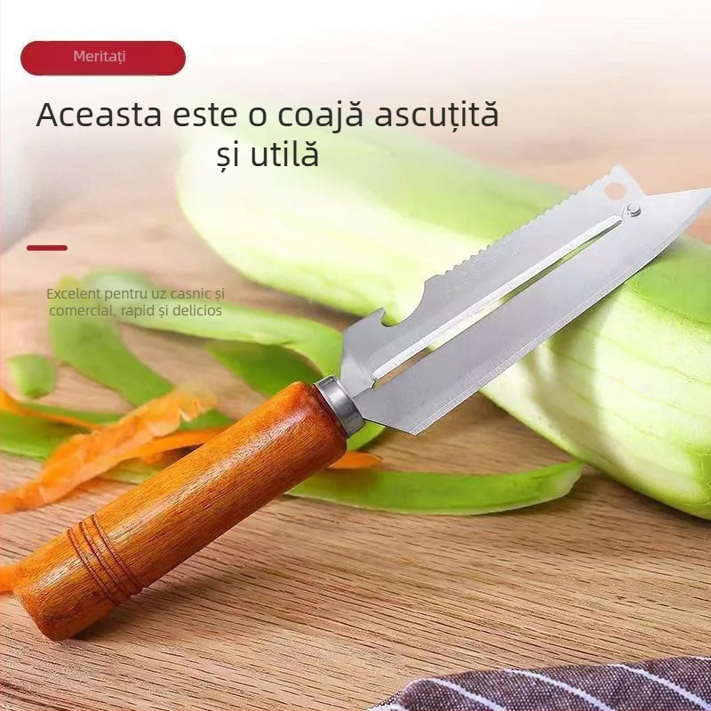 Curățător de bucătărie din oțel inoxidabil, cu mâner din lemn, 4 funcții pentru curățarea merelor, fructelor și îndepărtarea solzilor de pește