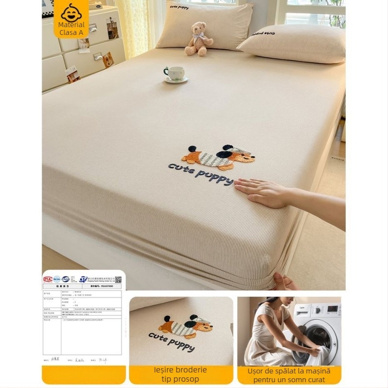 Cearșaf de pat din bumbac lavat, cu elastic, pentru pat de 1,5 m (5 ft), culoare solidă, protecție pentru saltea.