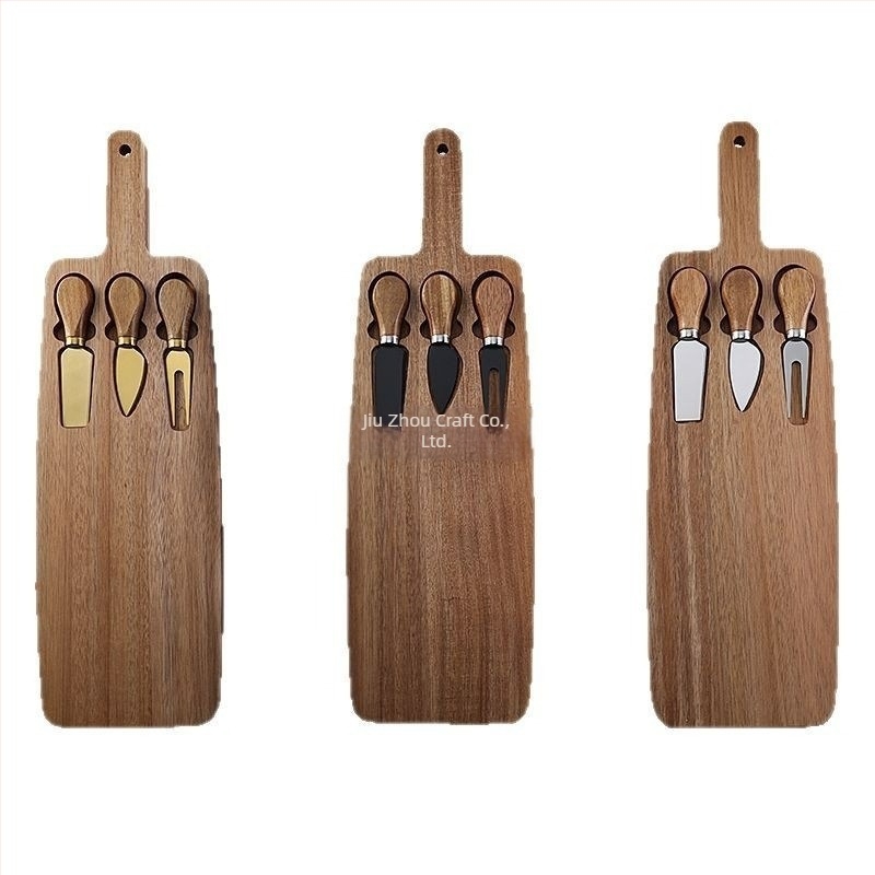 Tavă pentru pizza din lemn de acacia, placă de servire multifuncțională cu cuțit pentru brânză și fructe