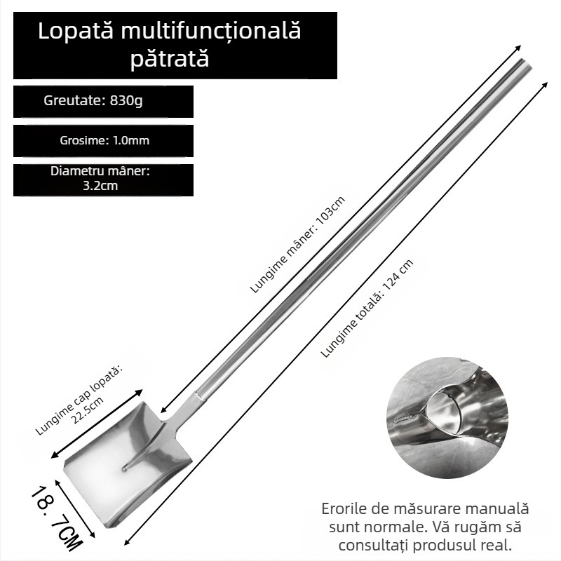 Lopată din oțel inoxidabil cu cap drept, gros pentru cantine și bucătării școlare; lopată mare de bucătărie, lungă, cu cap rotund