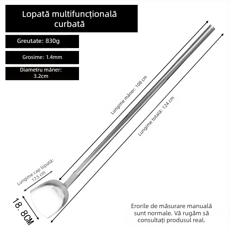 Lopată din oțel inoxidabil cu cap drept, gros pentru cantine și bucătării școlare; lopată mare de bucătărie, lungă, cu cap rotund