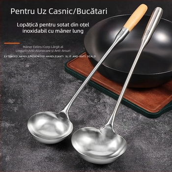 Lingură de prăjit din oțel inox, mâner din lemn, lungă, cu design îngroșat, de calitate alimentară