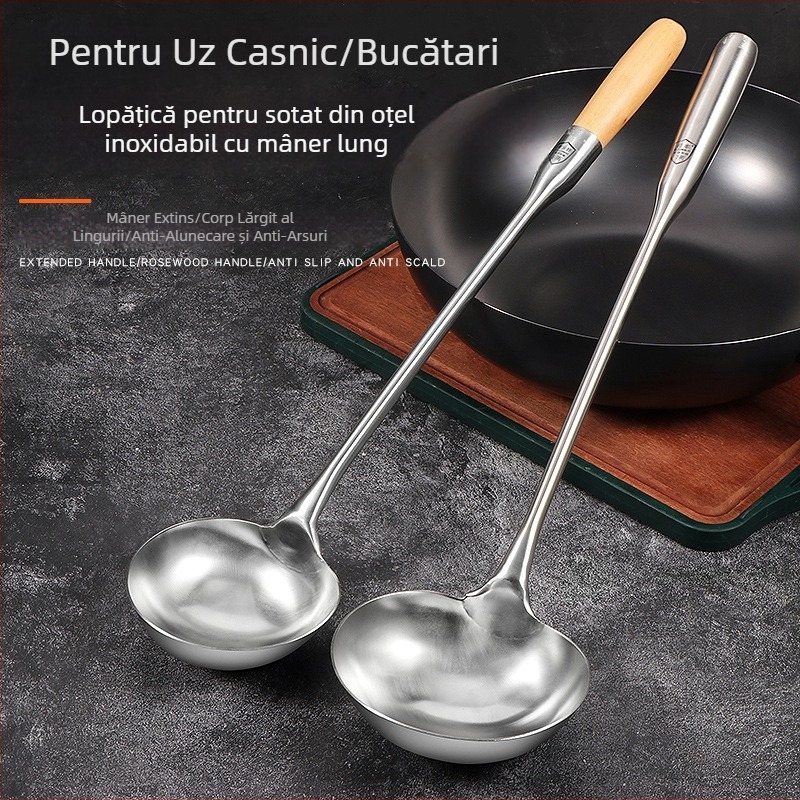Lingură de prăjit din oțel inox, mâner din lemn, lungă, cu design îngroșat, de calitate alimentară