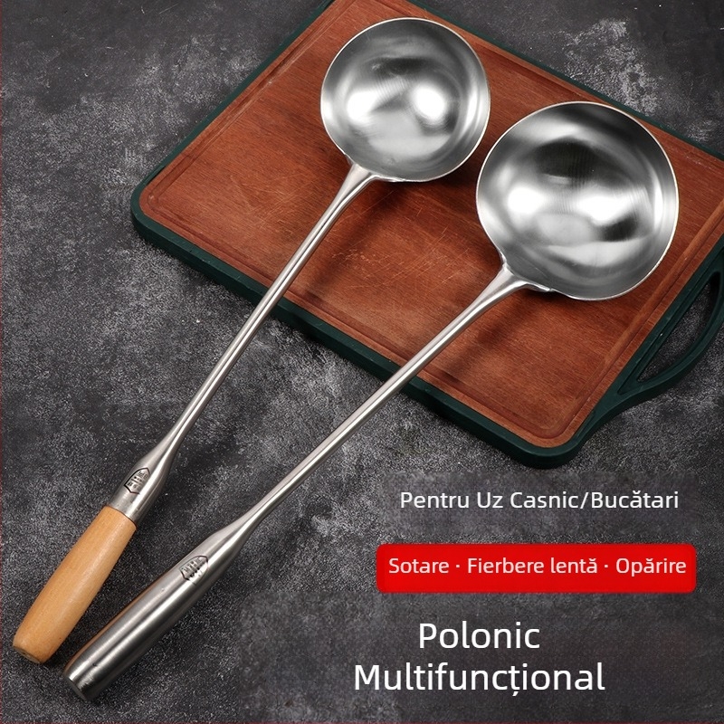 Lingură de prăjit din oțel inox, mâner din lemn, lungă, cu design îngroșat, de calitate alimentară