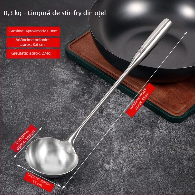 Lingură de prăjit din oțel inox, mâner din lemn, lungă, cu design îngroșat, de calitate alimentară