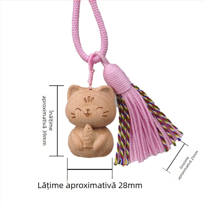 Pandantiv de chei din lemn cu pisică norocoasă, sculptat manual, accesoriu decorativ