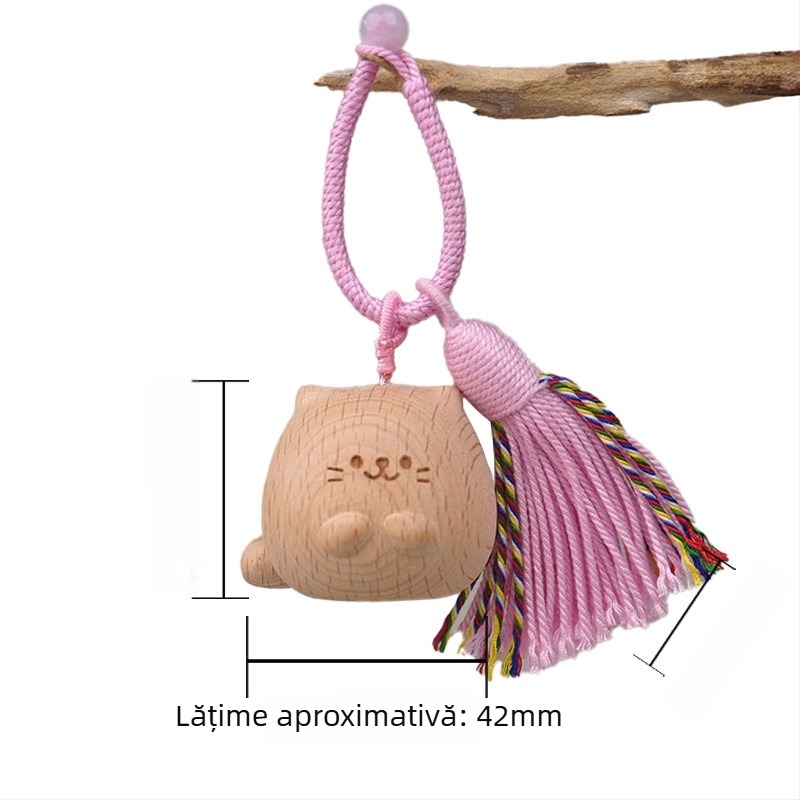 Pandantiv de chei din lemn cu pisică norocoasă, sculptat manual, accesoriu decorativ