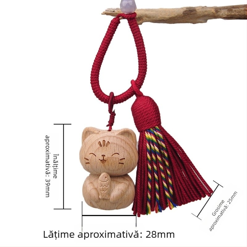 Pandantiv de chei din lemn cu pisică norocoasă, sculptat manual, accesoriu decorativ