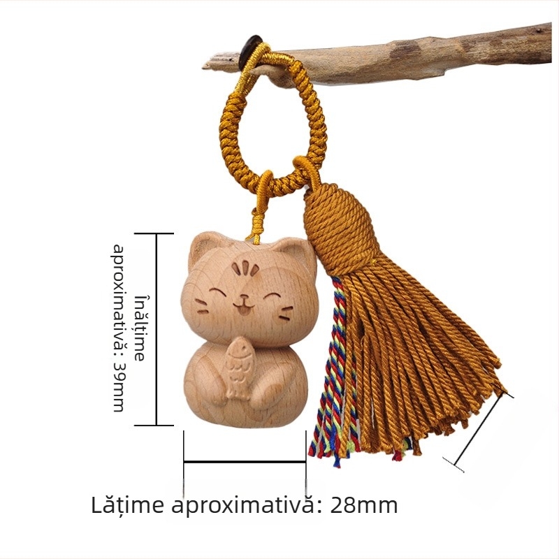 Pandantiv de chei din lemn cu pisică norocoasă, sculptat manual, accesoriu decorativ