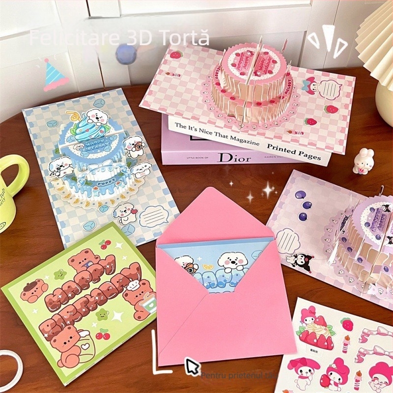 Kit DIY de felicitări cu ilustrație animată, pliabil, fără tăiere, cu plicuri, 3D tort de ziua de naștere