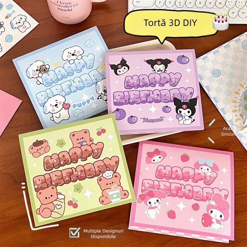 Kit DIY de felicitări cu ilustrație animată, pliabil, fără tăiere, cu plicuri, 3D tort de ziua de naștere