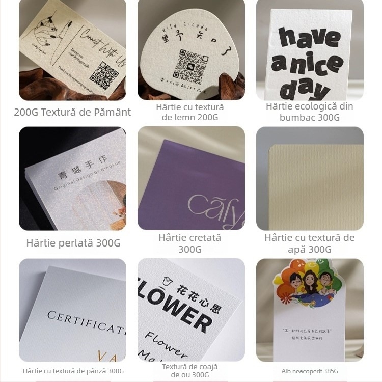 Carduri personalizate din hârtie texturată de 300 g: invitații, logo și servicii