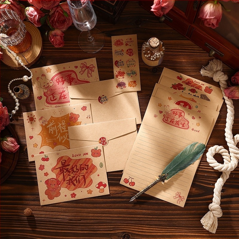 Set de hârtie pentru scrisori cu plicuri Kraft în stil retro și foi albe cu desene animate